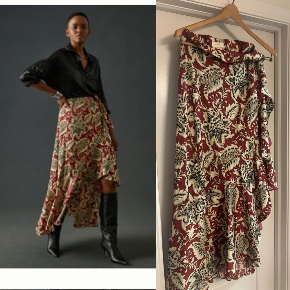 Maeve ruffle wrap skirt in dark red and cream